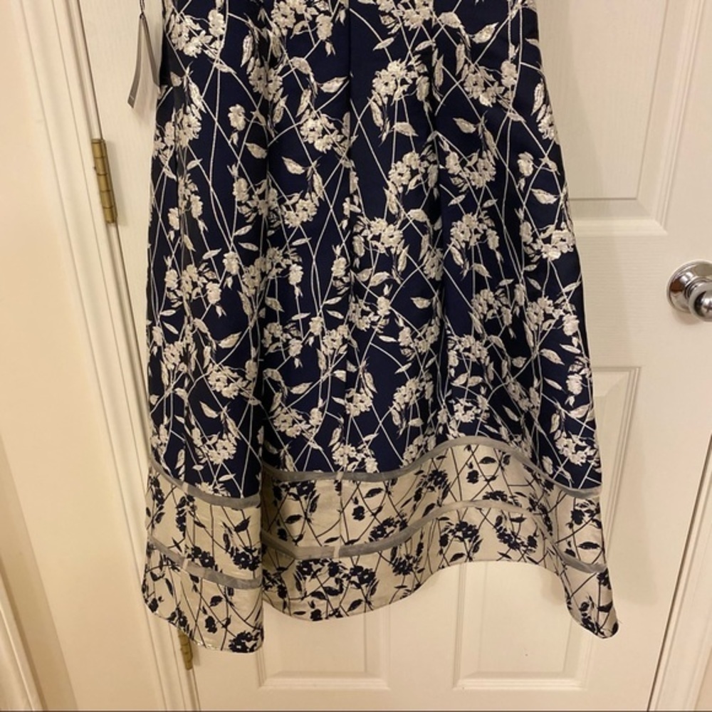 Adrianna Papell REVERSE Jacquard Midi Dress in Navy Blue / Silver - Picture 10 of 14